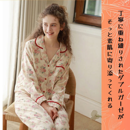 WダブルガーゼW【日本製】2026元旦新作　牡丹花柄　長袖　長ズボン  パジャマ ルームウェア