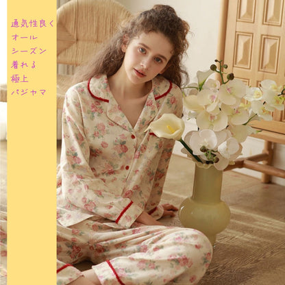 WダブルガーゼW【日本製】2026元旦新作　牡丹花柄　長袖　長ズボン  パジャマ ルームウェア