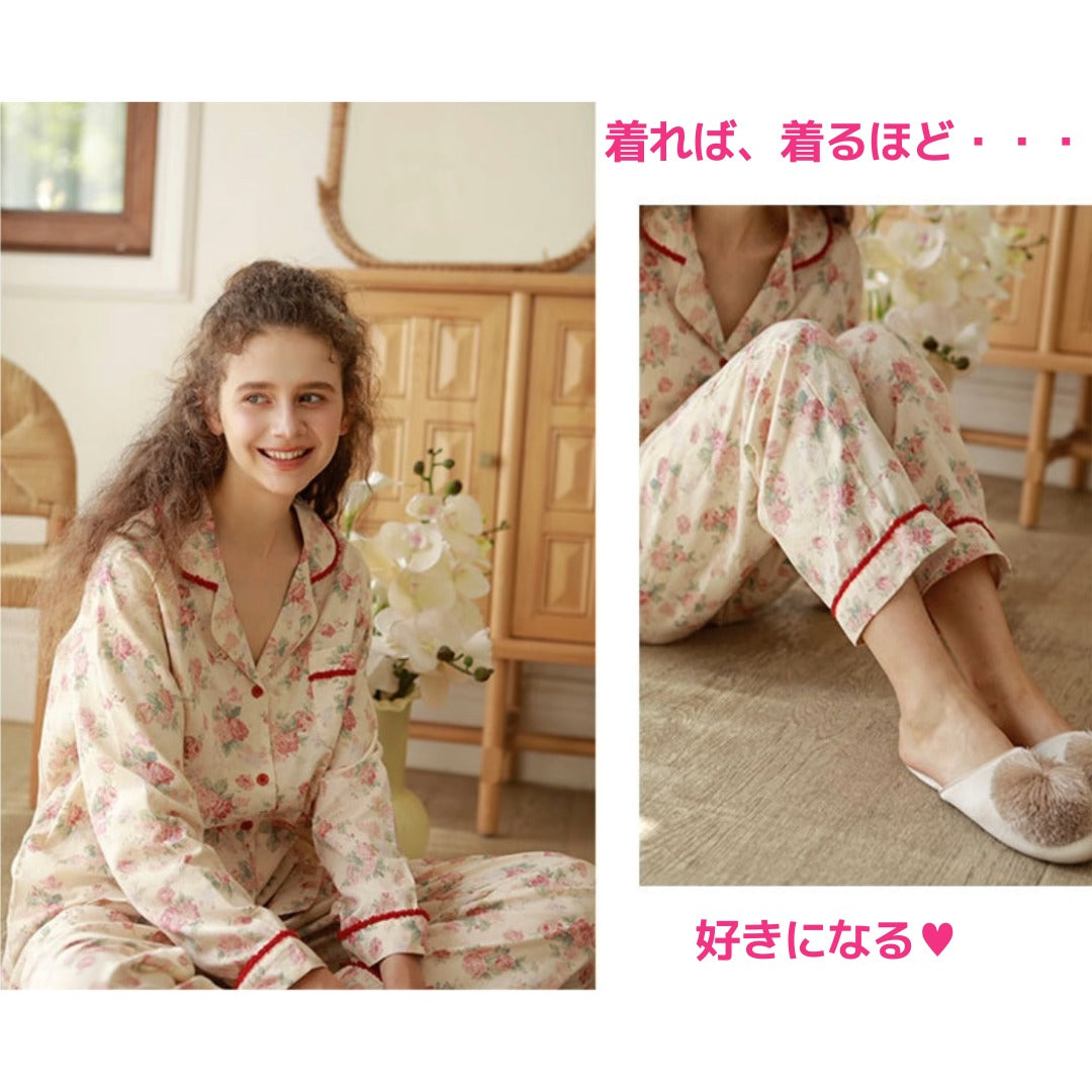 WダブルガーゼW【日本製】2026元旦新作　牡丹花柄　長袖　長ズボン  パジャマ ルームウェア