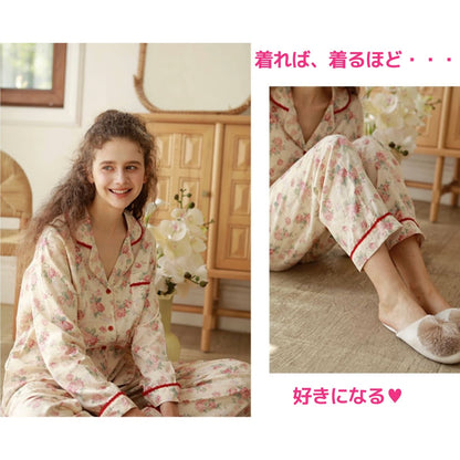 WダブルガーゼW【日本製】2026元旦新作　牡丹花柄　長袖　長ズボン  パジャマ ルームウェア