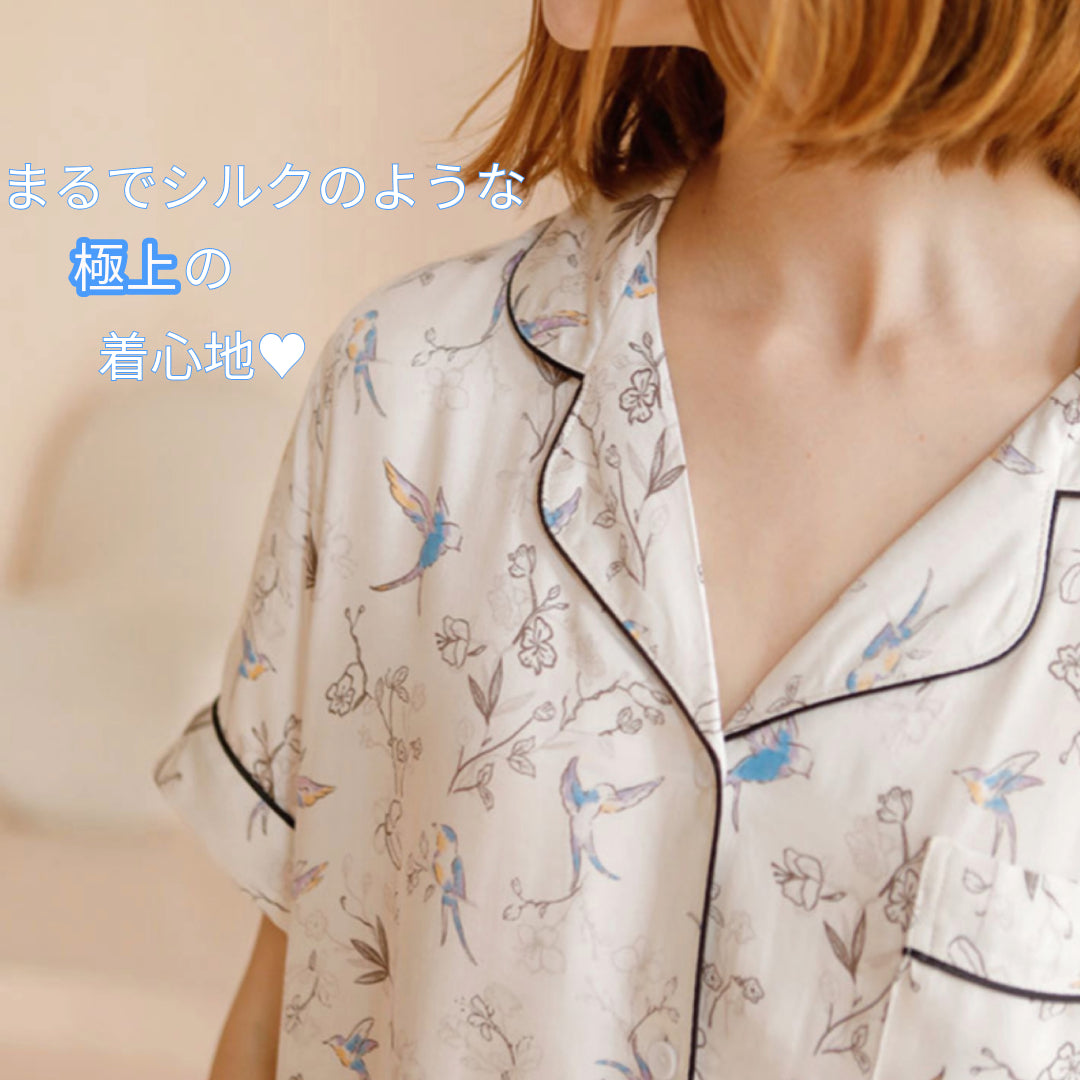 綿サテン　【日本製】　ブルー　野鳥柄　半袖 長ズボン パジャマ ルームウェア