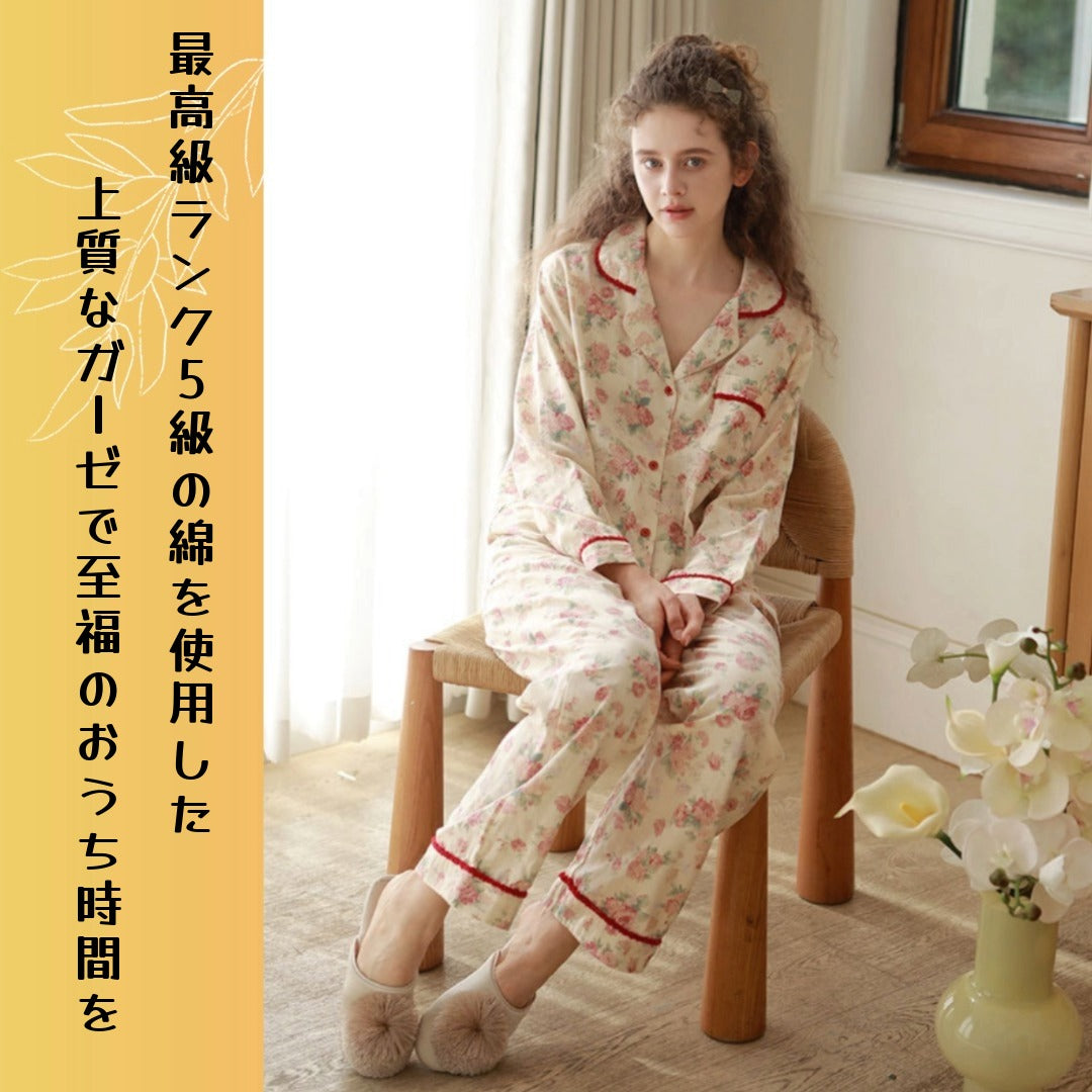 WダブルガーゼW【日本製】2026元旦新作　牡丹花柄　長袖　長ズボン  パジャマ ルームウェア