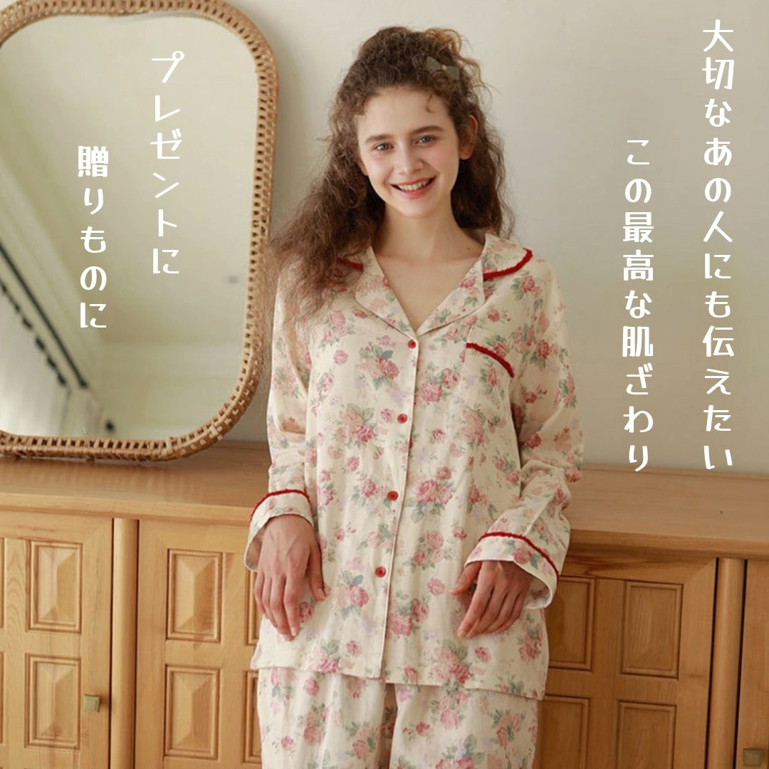 WダブルガーゼW【日本製】2026元旦新作　牡丹花柄　長袖　長ズボン  パジャマ ルームウェア