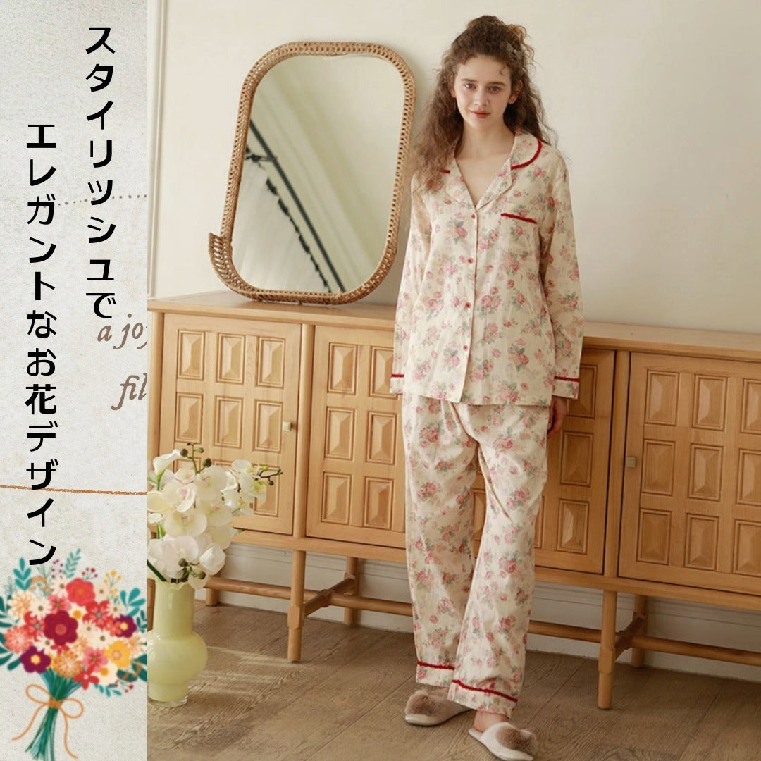 WダブルガーゼW【日本製】2026元旦新作　牡丹花柄　長袖　長ズボン  パジャマ ルームウェア