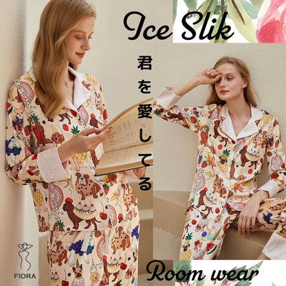 2025新作 🌻アイスシルク　ベージュ   ワンちゃん＆フルーツ柄  長袖 長ズボン パジャマ ルームウェア