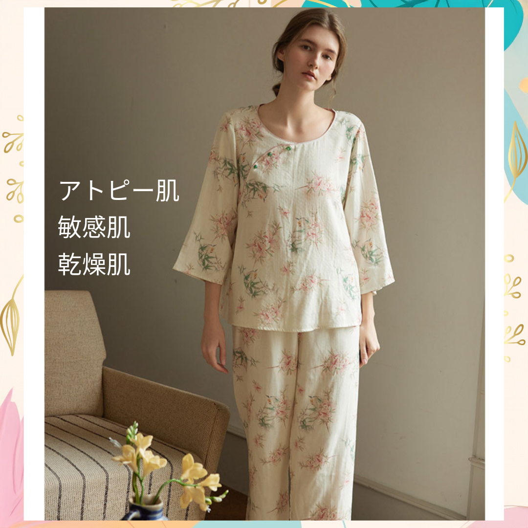 竹布🎋TAKEFU　【日本製】ピンクのお花&竹柄　７分袖 長ズボン 襟なし パジャマ ルームウェア　