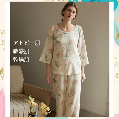 竹布🎋TAKEFU　【日本製】ピンクのお花&竹柄　７分袖 長ズボン 襟なし パジャマ ルームウェア　