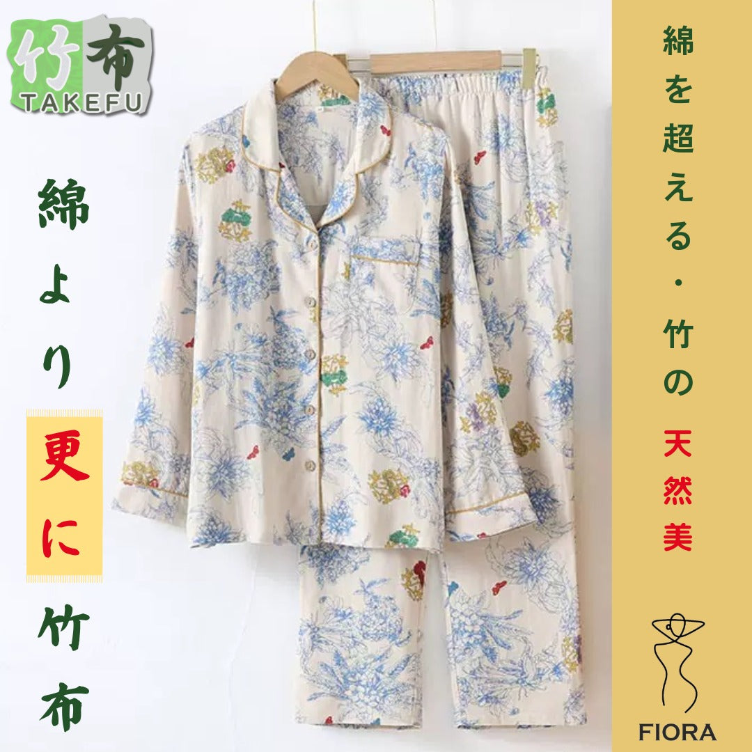 竹布🎋TAKEFU  【日本製】ブルーの大きな花柄  長袖 長ズボン パジャマ ルームウェア