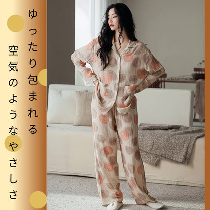 【FIORA】竹布 TAKEFU ベージュ ドット 長袖 長ズボン パジャマ ルームウェア レディース