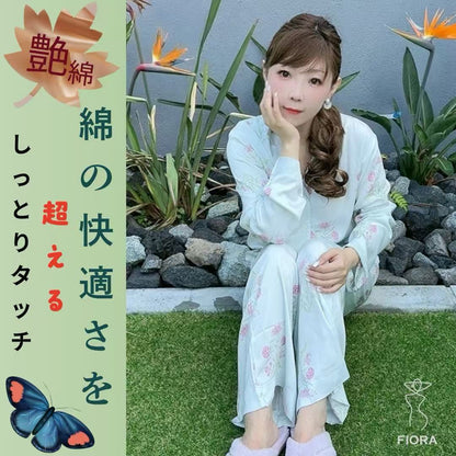 綿サテン　【日本製】ライトグリーン　ピンクのバラ柄　長袖 長ズボン パジャマ ルームウェア