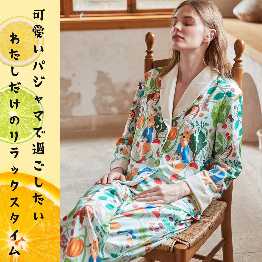 【先行発売開始】2025秋冬新作 🎃ホットシルク　裏地ベロア　ハリネズミ＆うさぎ柄  長袖 長ズボン パジャマ ルームウェア