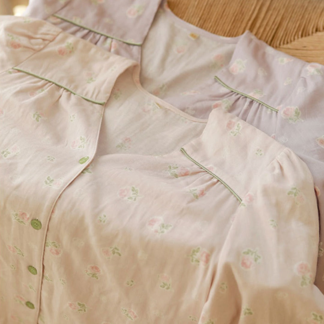 WダブルガーゼW【日本製】2025新作  フェミニンローズ　2色   長袖　長ズボン  V開き　襟なし パジャマ ルームウェア