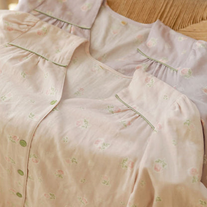 WダブルガーゼW【日本製】2025新作  フェミニンローズ　2色   長袖　長ズボン  V開き　襟なし パジャマ ルームウェア