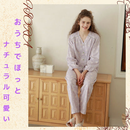WダブルガーゼW【日本製】2025新作  フェミニンローズ　2色   長袖　長ズボン  V開き　襟なし パジャマ ルームウェア