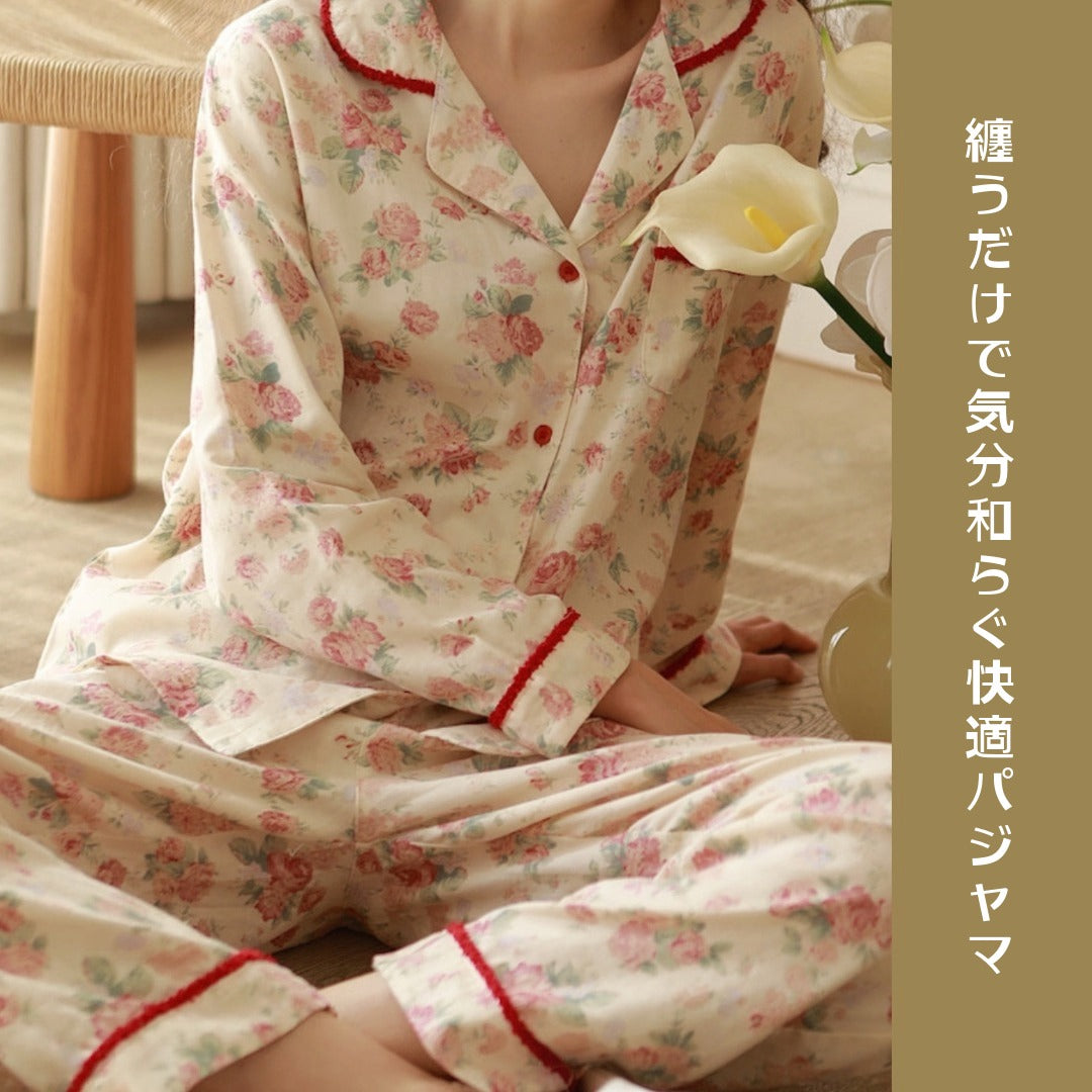 WダブルガーゼW【日本製】2026元旦新作　牡丹花柄　長袖　長ズボン  パジャマ ルームウェア