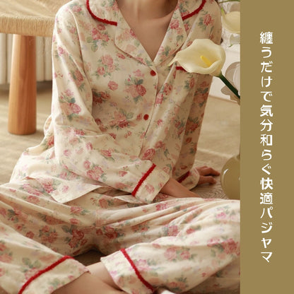 WダブルガーゼW【日本製】2026元旦新作　牡丹花柄　長袖　長ズボン  パジャマ ルームウェア