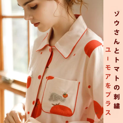 綿サテン　【日本製】トマト＆ぞうさん　2025新作　長袖 　長ズボン パジャマ ルームウェア