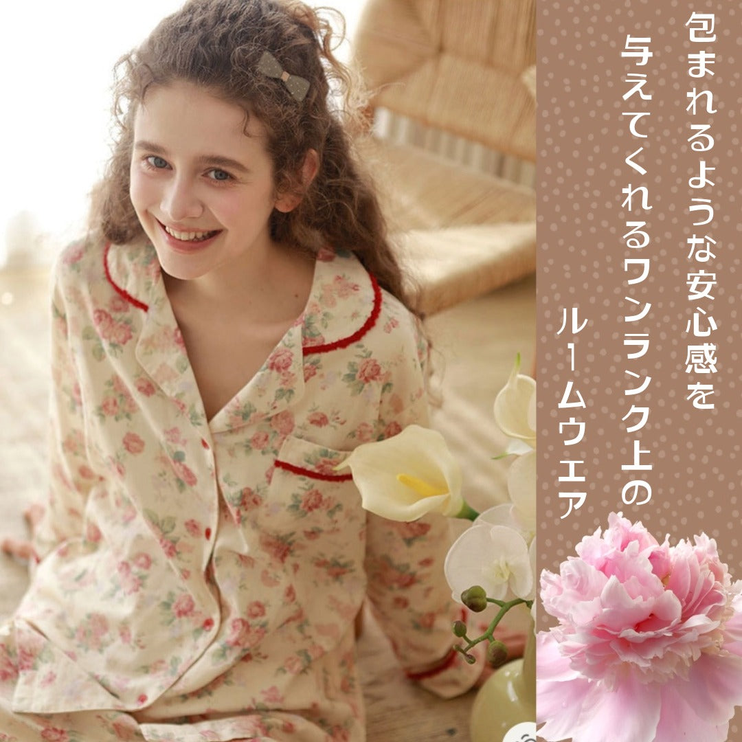 WダブルガーゼW【日本製】2026元旦新作　牡丹花柄　長袖　長ズボン  パジャマ ルームウェア