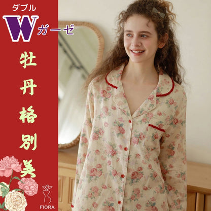 WダブルガーゼW【日本製】2026元旦新作　牡丹花柄　長袖　長ズボン  パジャマ ルームウェア