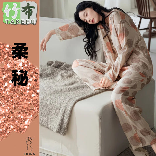 【FIORA】竹布 TAKEFU ベージュ ドット 長袖 長ズボン パジャマ ルームウェア レディース