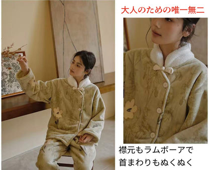 【秋冬物発売開始！！】　2025 冬新作❄️日本製❤️モコモコルームウェア　グリーン　お花　上下セット