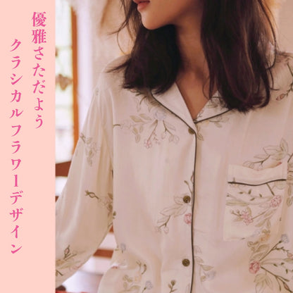 【FIORA】綿サテン 極艶  アイボリー 洋華柄  長袖  長ズボン パジャマ ルームウェア レディース