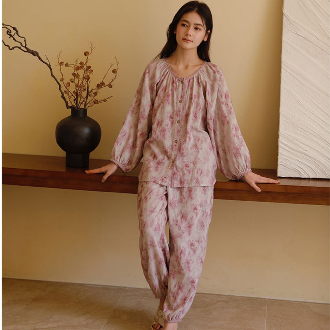 WダブルガーゼW【日本製】2025新作  ピンク染め   長袖　長ズボン  襟なし パジャマ ルームウェア