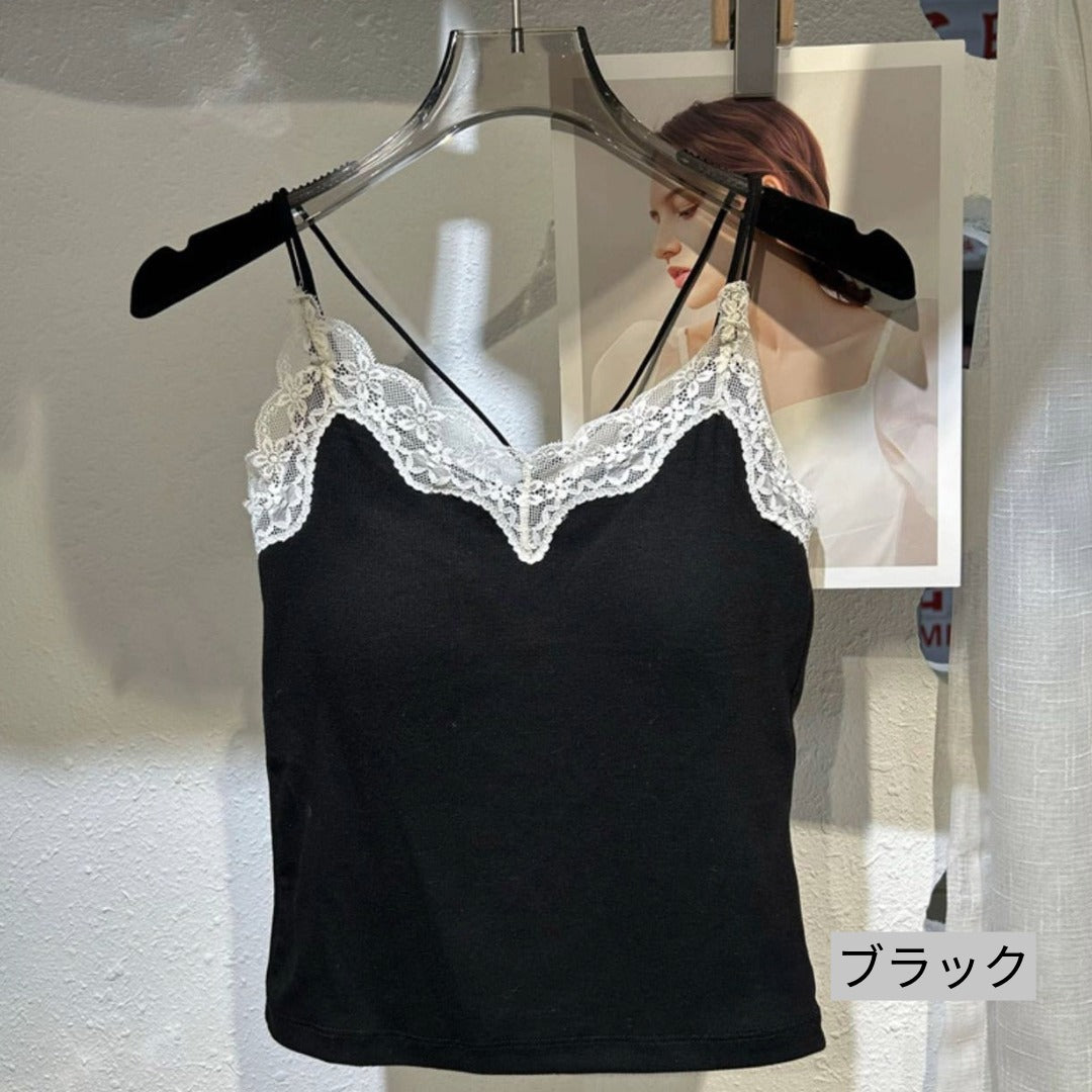 【FIORA】カップ付き胸元レースキャミソール着痩せ柔らかい重ね着インナー美ライン