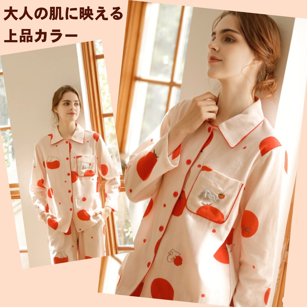 綿サテン　【日本製】トマト＆ぞうさん　2025新作　長袖 　長ズボン パジャマ ルームウェア