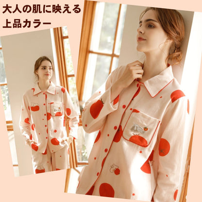 綿サテン　【日本製】トマト＆ぞうさん　2025新作　長袖 　長ズボン パジャマ ルームウェア