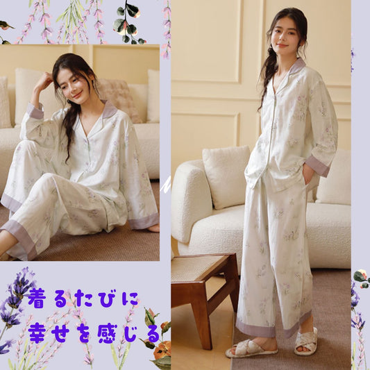 【FIORA】ダブルガーゼW  上品パープル小花柄  長袖 長ズボン パジャマ ルームウェア レディース