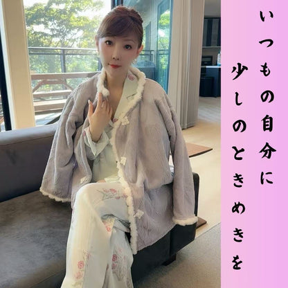 綿サテン　【日本製】ライトグリーン　ピンクのバラ柄　長袖 長ズボン パジャマ ルームウェア