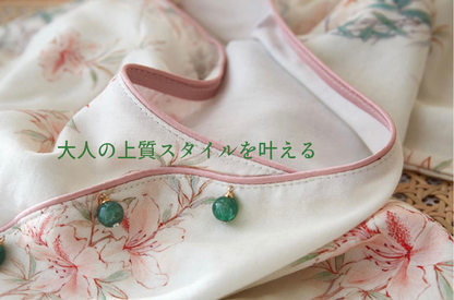 竹布🎋TAKEFU　【日本製】ピンクのお花&竹柄　７分袖 長ズボン 襟なし パジャマ ルームウェア　