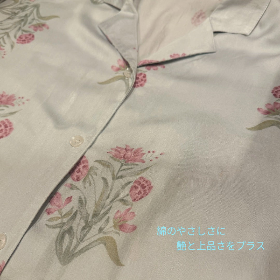 綿サテン　【日本製】ライトグリーン　ピンクのバラ柄　長袖 長ズボン パジャマ ルームウェア