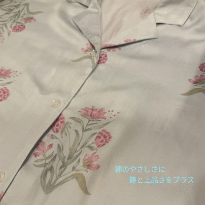 綿サテン　【日本製】ライトグリーン　ピンクのバラ柄　長袖 長ズボン パジャマ ルームウェア