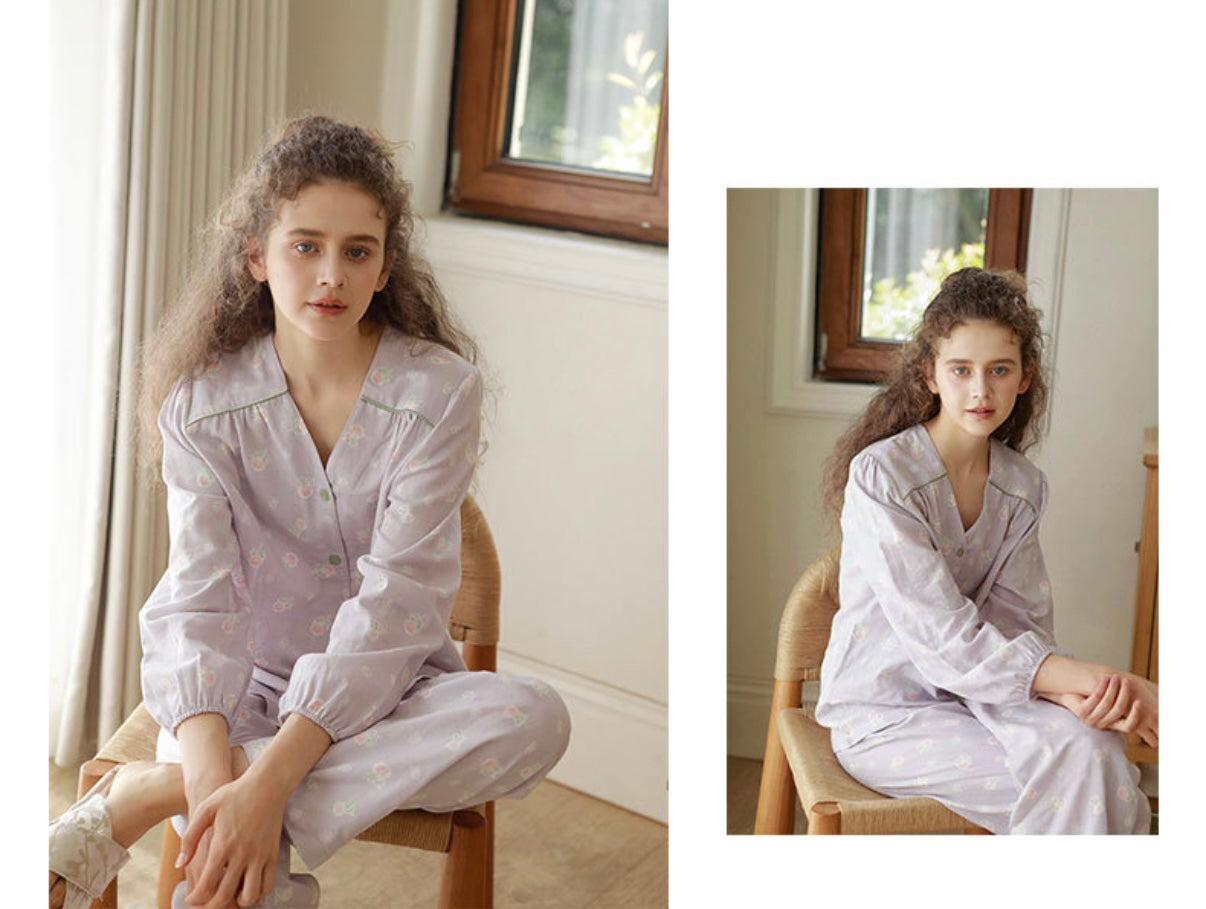 WダブルガーゼW【日本製】2025新作  フェミニンローズ　2色   長袖　長ズボン  V開き　襟なし パジャマ ルームウェア