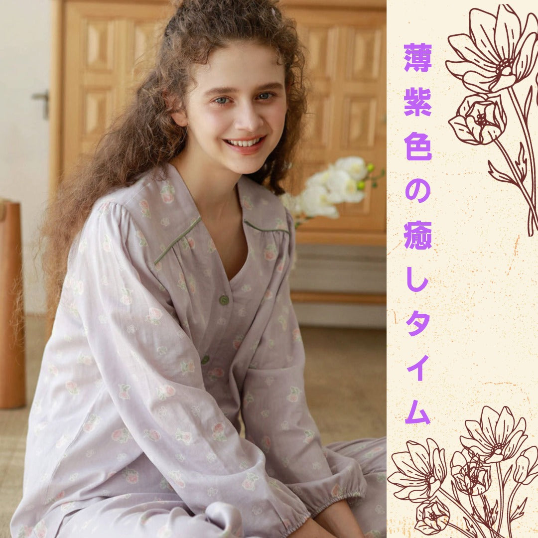 WダブルガーゼW【日本製】2025新作  フェミニンローズ　2色   長袖　長ズボン  V開き　襟なし パジャマ ルームウェア