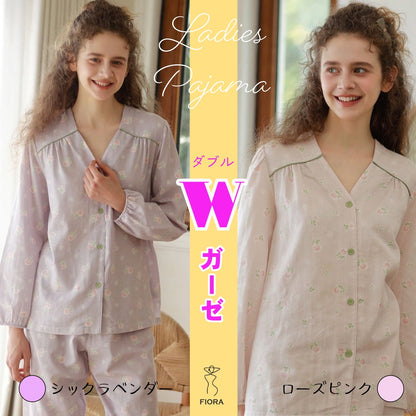 WダブルガーゼW【日本製】2025新作  フェミニンローズ　2色   長袖　長ズボン  V開き　襟なし パジャマ ルームウェア