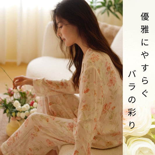 【FIORA】綿サテン 極艶 ピンク 癒しのバラ柄 長袖  長ズボン パジャマ ルームウェア レディース　