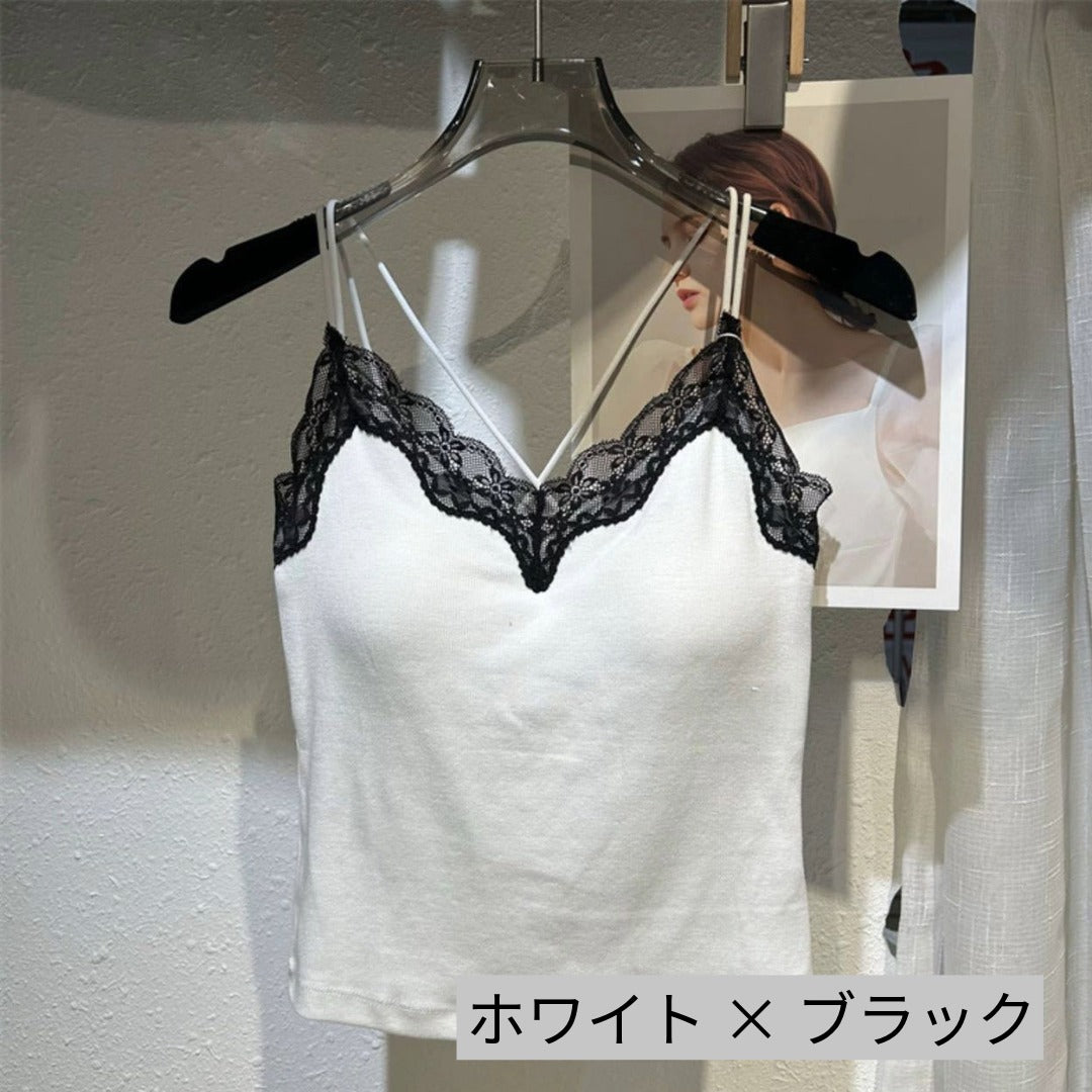 【FIORA】カップ付き胸元レースキャミソール着痩せ柔らかい重ね着インナー美ライン