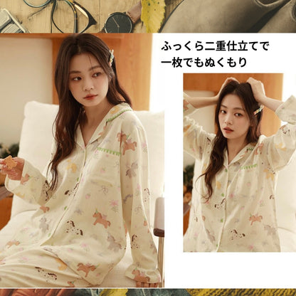 WダブルガーゼW【日本製】　多彩馬　馬年の🐎　　2026元旦新作　2026年（馬年）のスタートに、幸運いっぱいの馬柄パジャマを。可愛いお馬ちゃんが好運を運んでくれるラッキーアイテム　