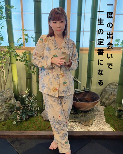 竹布🎋TAKEFU  【日本製】ブルーの大きな花柄  長袖 長ズボン パジャマ ルームウェア