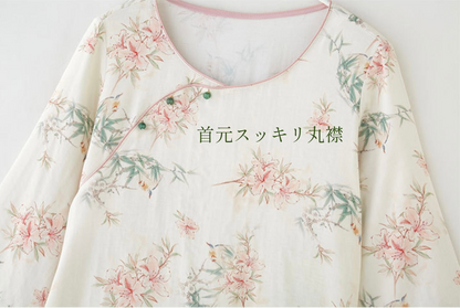 竹布🎋TAKEFU　【日本製】ピンクのお花&竹柄　７分袖 長ズボン 襟なし パジャマ ルームウェア　