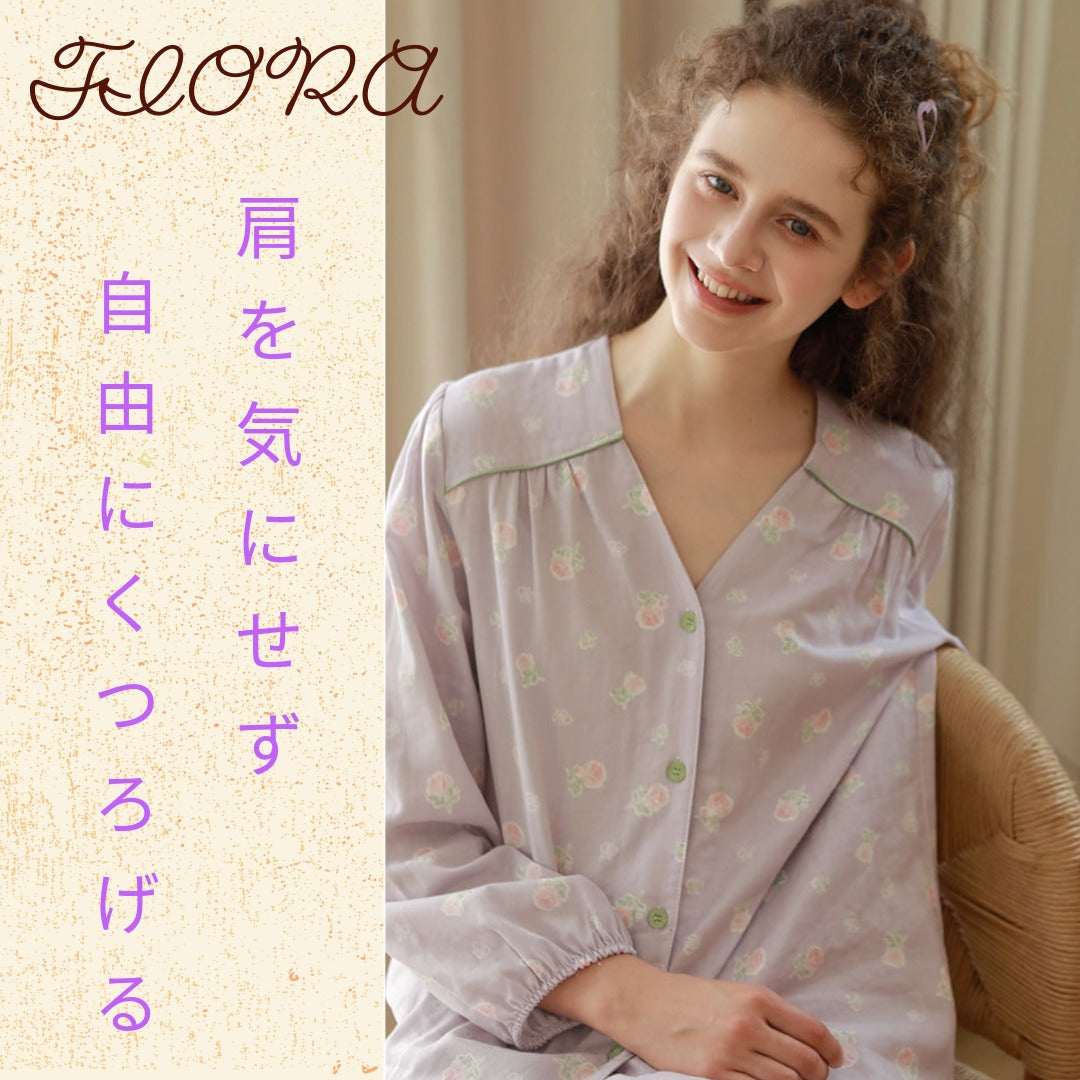 WダブルガーゼW【日本製】2025新作  フェミニンローズ　2色   長袖　長ズボン  V開き　襟なし パジャマ ルームウェア