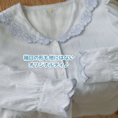 2025Winter 【日本製】全面起毛　パステル ストライプ柄 襟元花柄刺繍　袖口　全面起毛だから片面よりさらに柔らかく、あたたかい！　綿100％