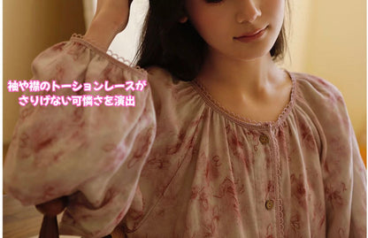 WダブルガーゼW【日本製】2025新作  ピンク染め   長袖　長ズボン  襟なし パジャマ ルームウェア