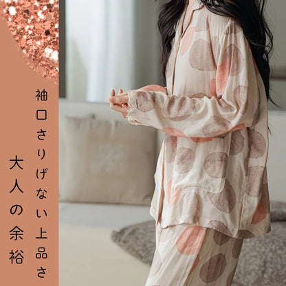 【FIORA】竹布 TAKEFU ベージュ ドット 長袖 長ズボン パジャマ ルームウェア レディース