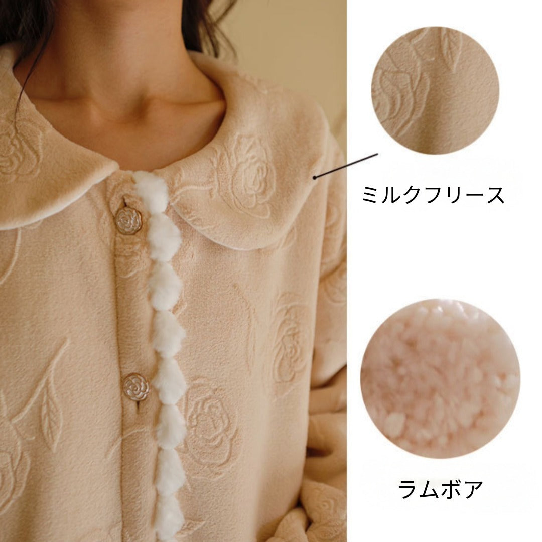 【秋冬物発売開始！！】2025 冬新作❄️日本製❤️モコモコルームウェア　ベージュ　バラ　羽織り　ワンピーススタイル