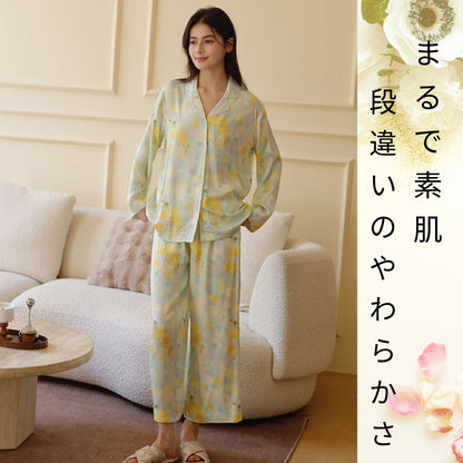 【FIORA】綿サテン 極艶 春の知らせイエロー花柄　長袖 ＆長ズボン　半袖＆長ズボン パジャマ ルームウェア レディース