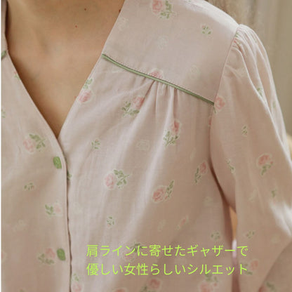 WダブルガーゼW【日本製】2025新作  フェミニンローズ　2色   長袖　長ズボン  V開き　襟なし パジャマ ルームウェア